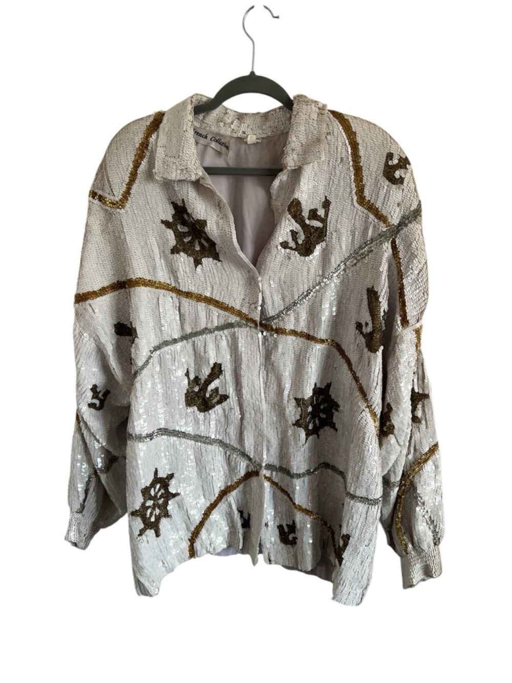 French Collizioni Sequin Embellished White Button-Front Women's Top, size 1X